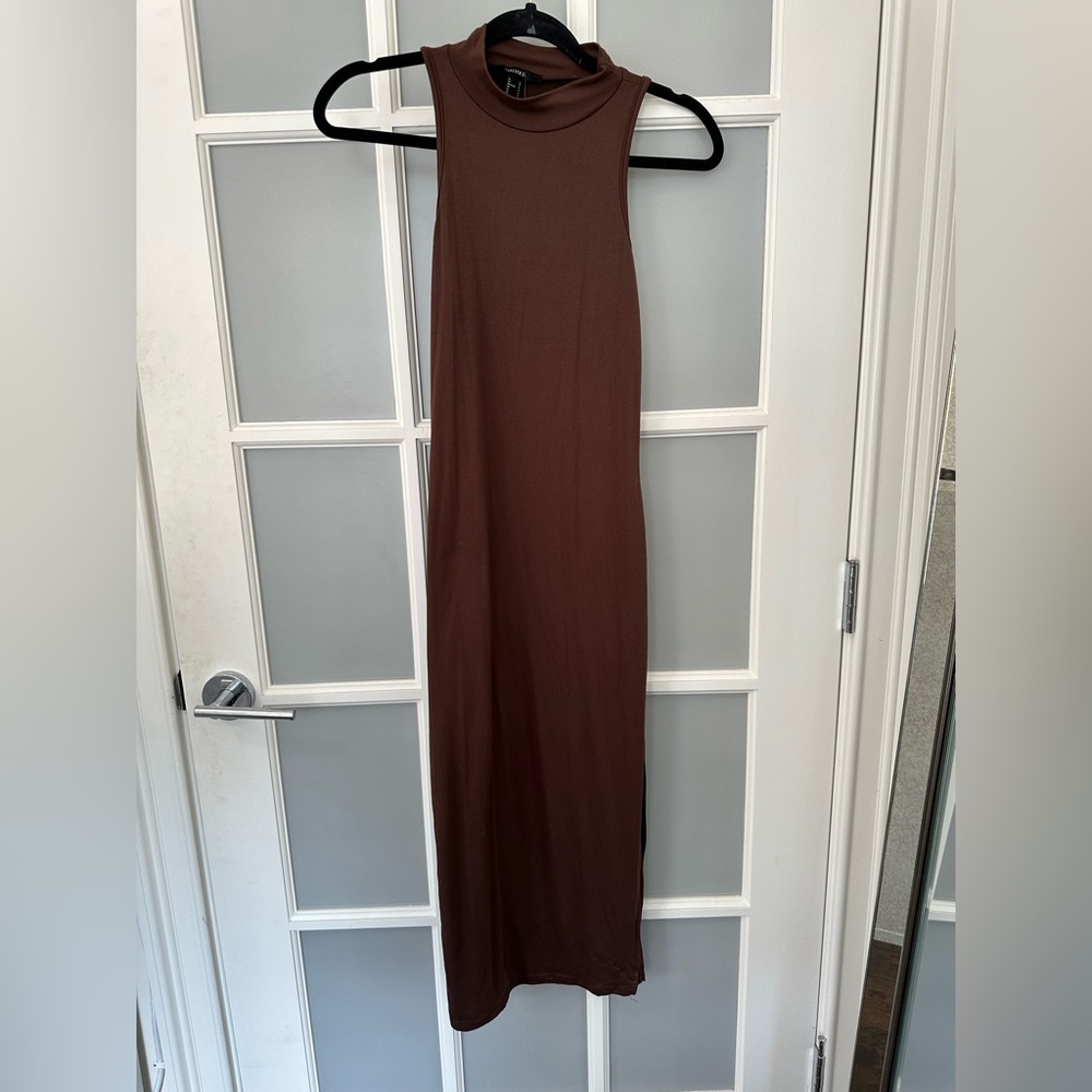 Brown Mock Neck Slit Midi Dress